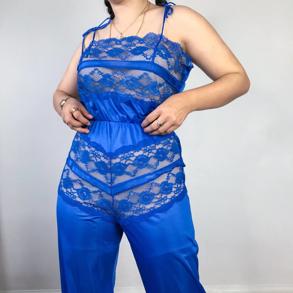 Vintage Cobalt Blue Lace nylon pajama jumpsuit